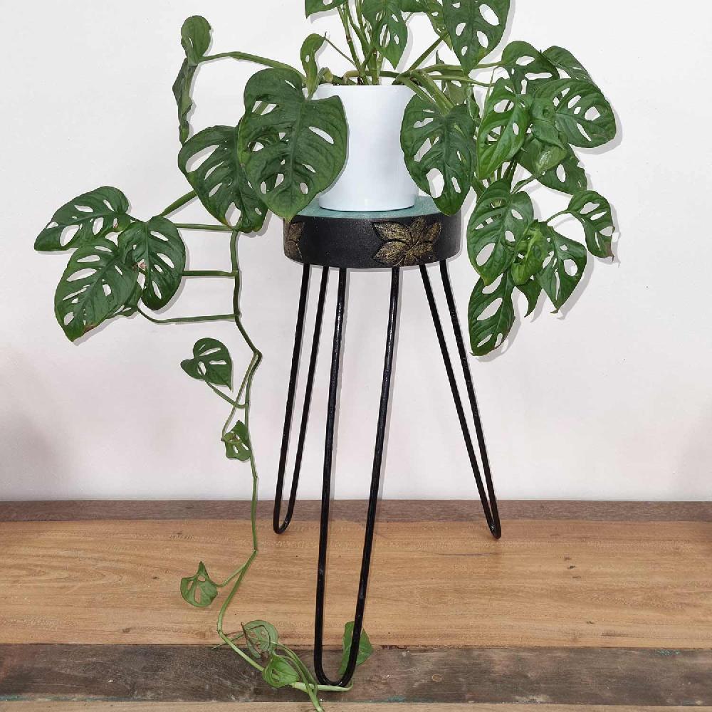 Ancient Wisdom Albasia Wood Plant Stand - Turquoise & Gold Detail