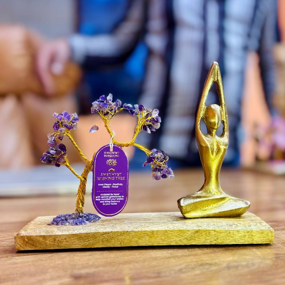 ancient wisdom Amethyst Gemstone Yoga Garden Tilted Tree - Sukhasana Pose - 100 Stones