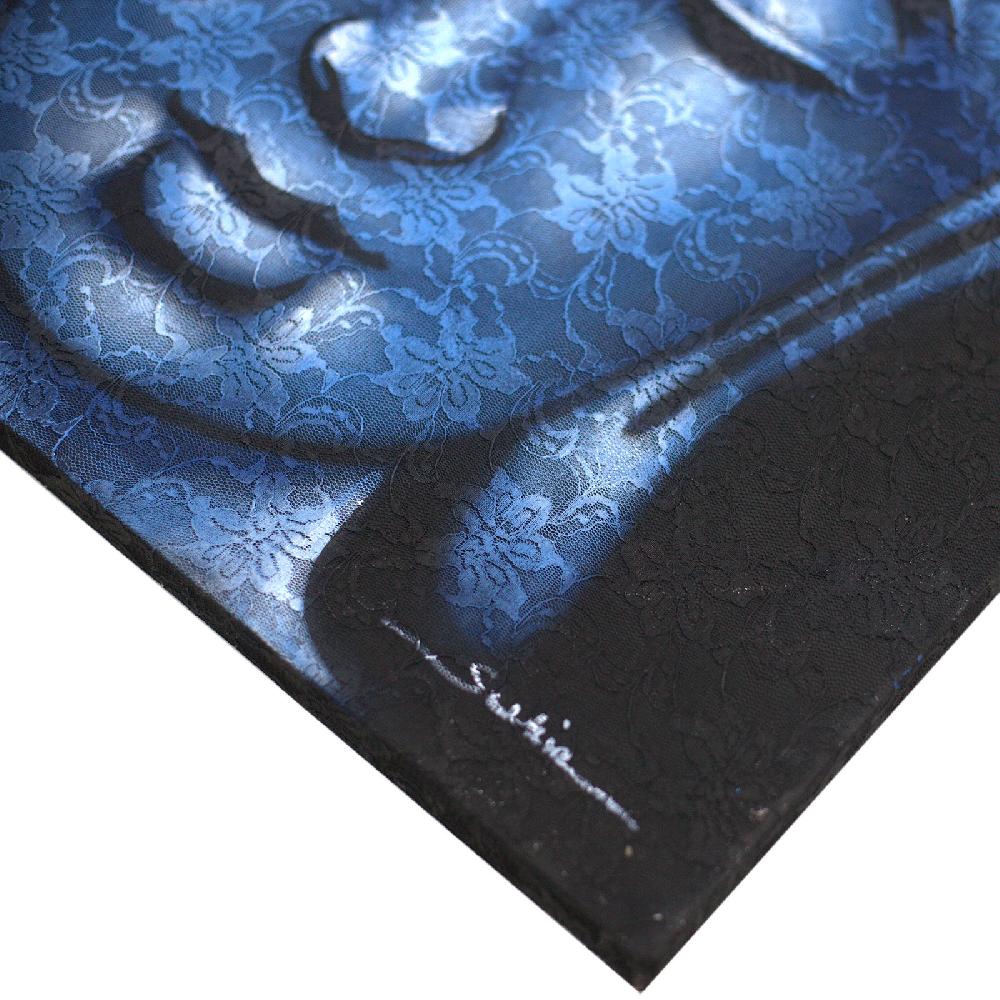 Ancient Wisdom Buddah Painting - Blue Brocade Detail