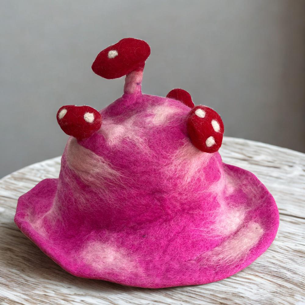 Ancient Wisdom Felted Mushroom Hat - Shocking Pink