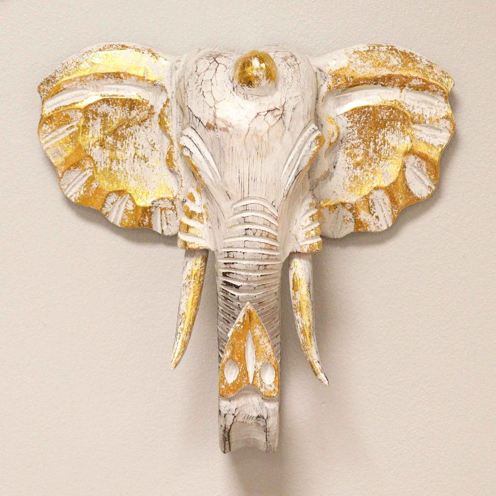 Ancient Wisdom Large Elephant Head - Gold & Whitewash