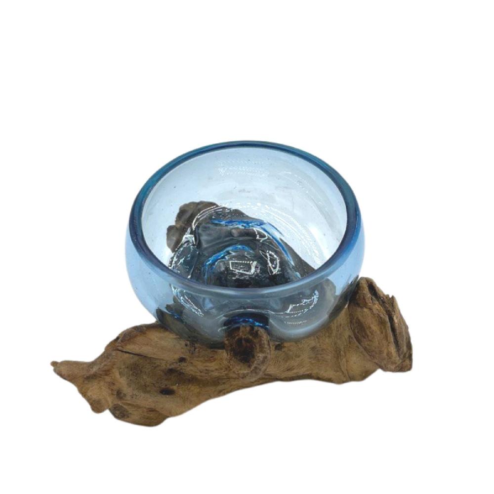 Ancient Wisdom Molten Glass Mini Blue Bowl On Wood