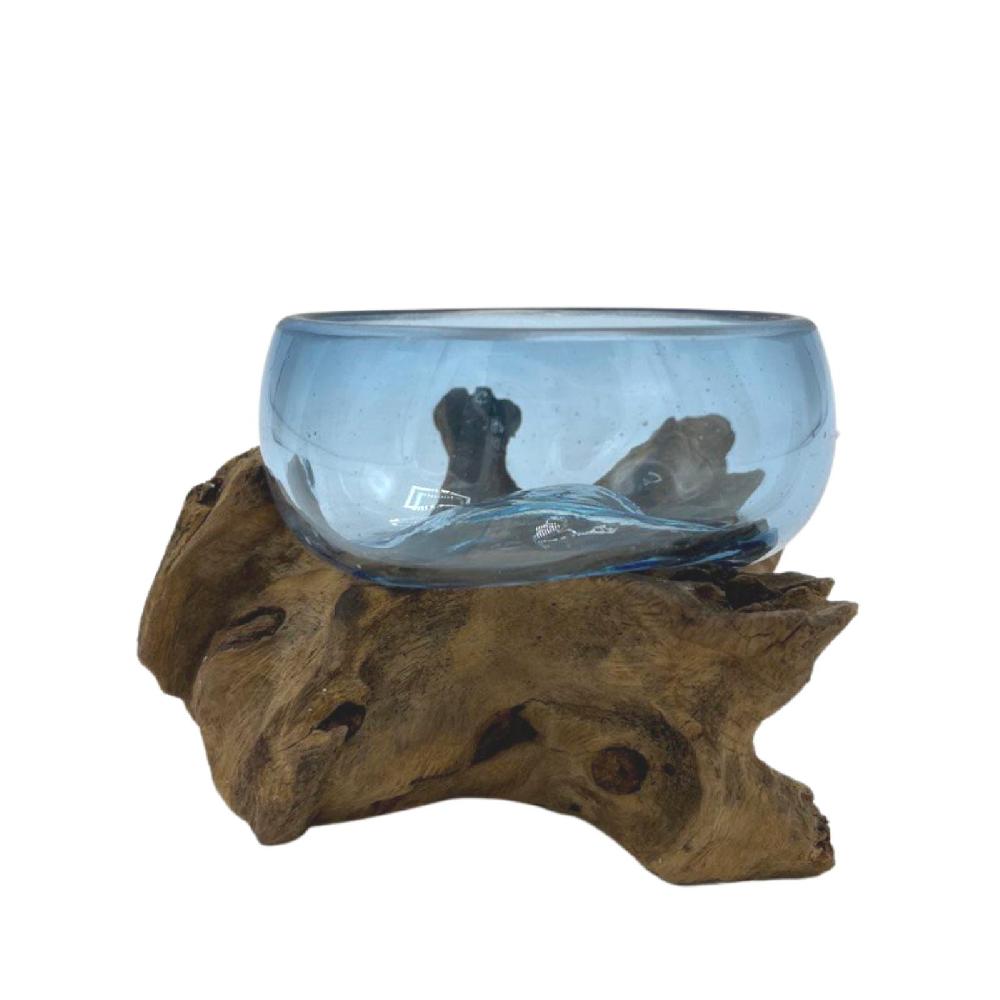Ancient Wisdom Molten Glass Mini Blue Bowl On Wood