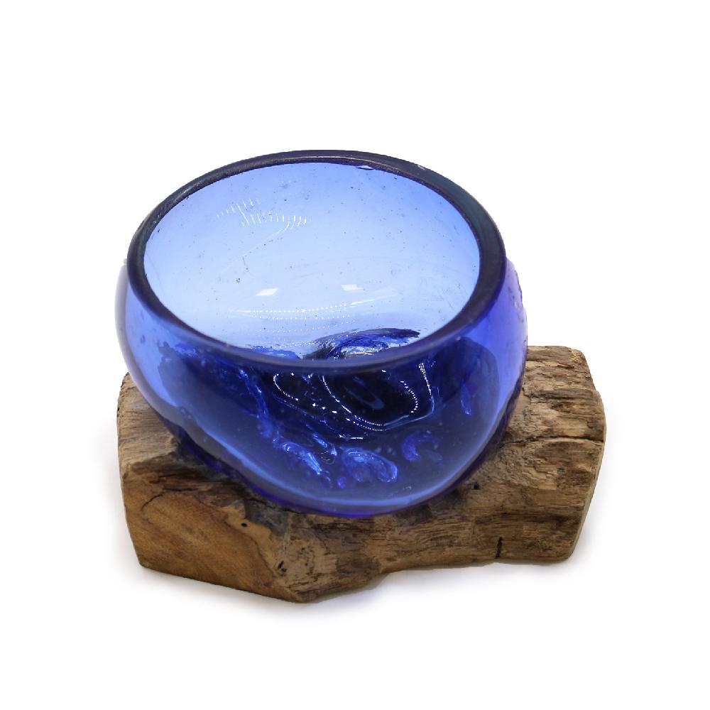 Ancient Wisdom Molten Glass Mini Blue Bowl On Wood