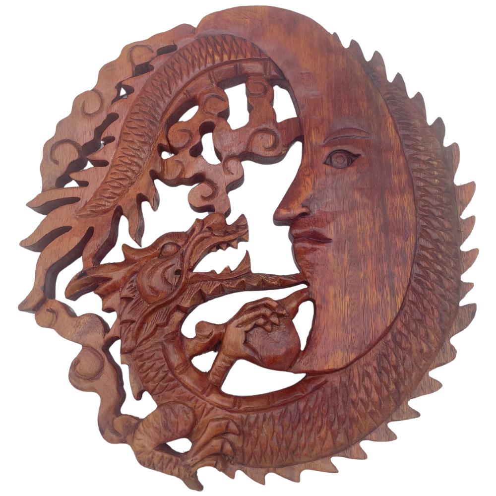 ancient wisdom Moonface & Dragon Plaque Carving - 30cm