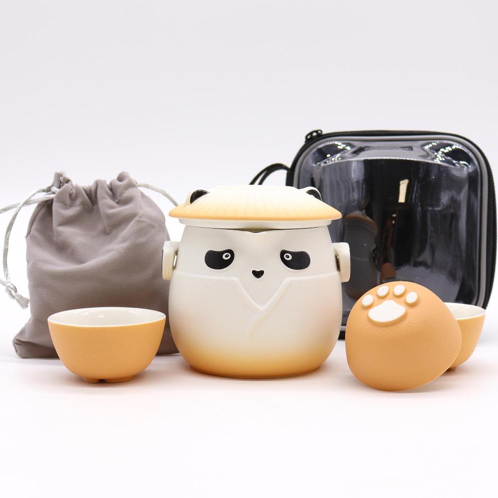 Ancient Wisdom Panda Teapot Set & Three Cups - Orange