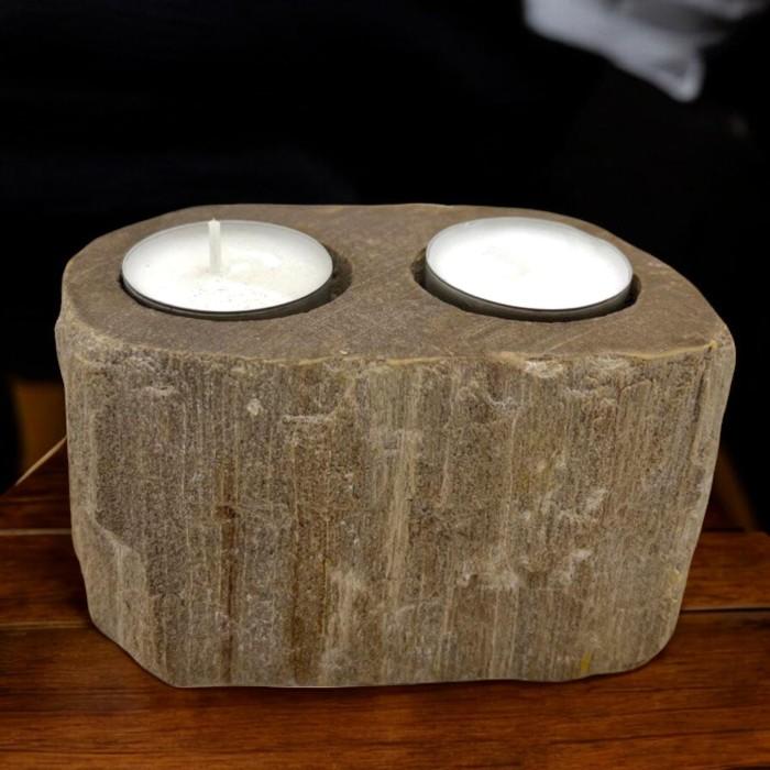ancient wisdom Petrified Wood Candle Holder - Double