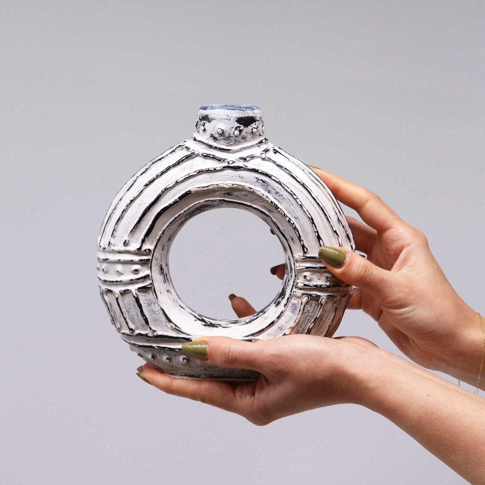 Ancient Wisdom Round Donut Shaped Vase - Cream 18cm