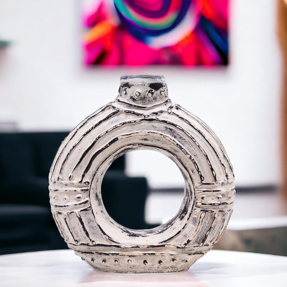 Ancient Wisdom Round Donut Shaped Vase - Cream 18cm