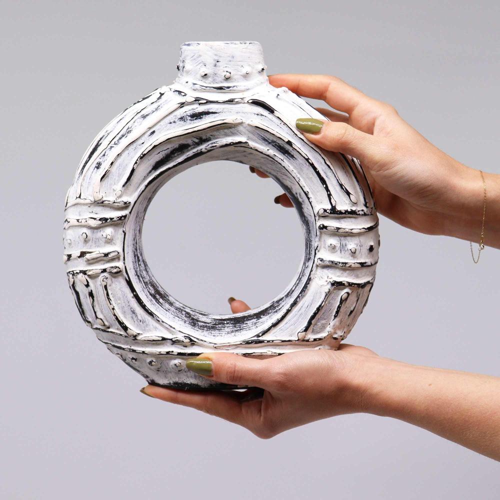 Ancient Wisdom Round Donut Shaped Vase - Cream 23cm