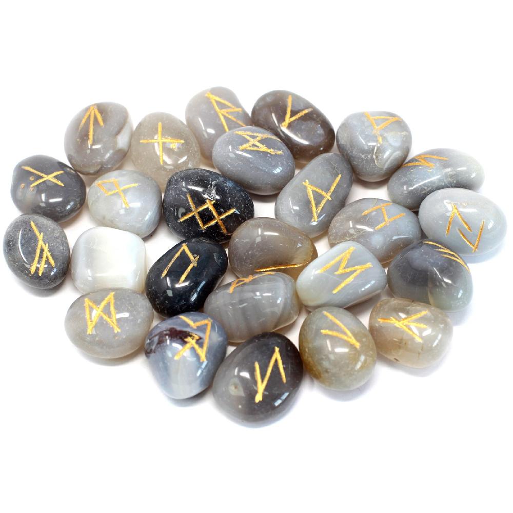 Ancient Wisdom Runes Stone Set In Pouch - Grey Agate