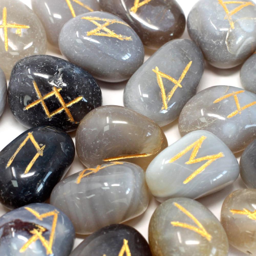 ancient wisdom Runes Stone Set in Pouch - Grey Agate