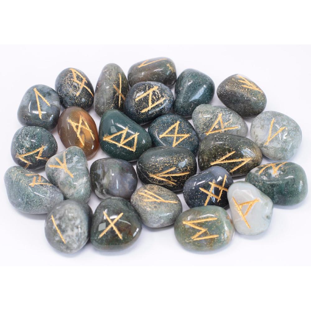 Ancient Wisdom Runes Stone Set In Pouch - Moss Agate