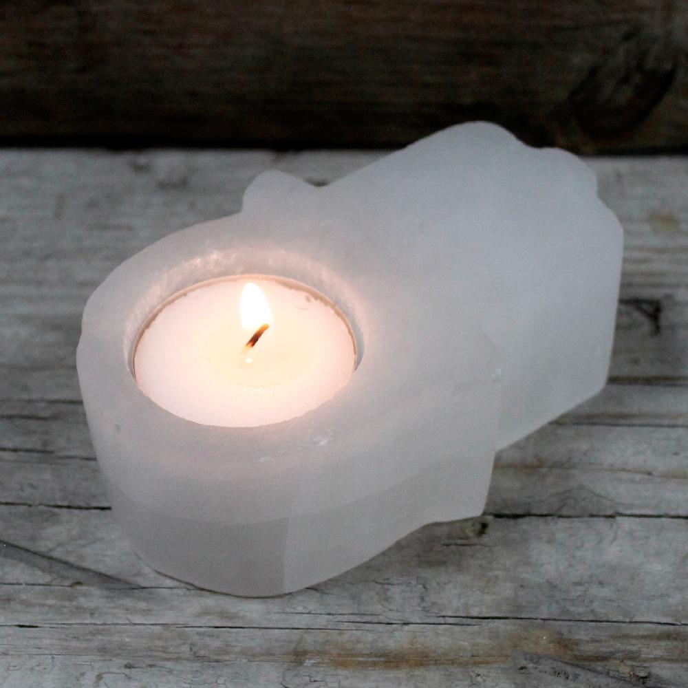 Ancient Wisdom Selenite Hamsa Candle Holder