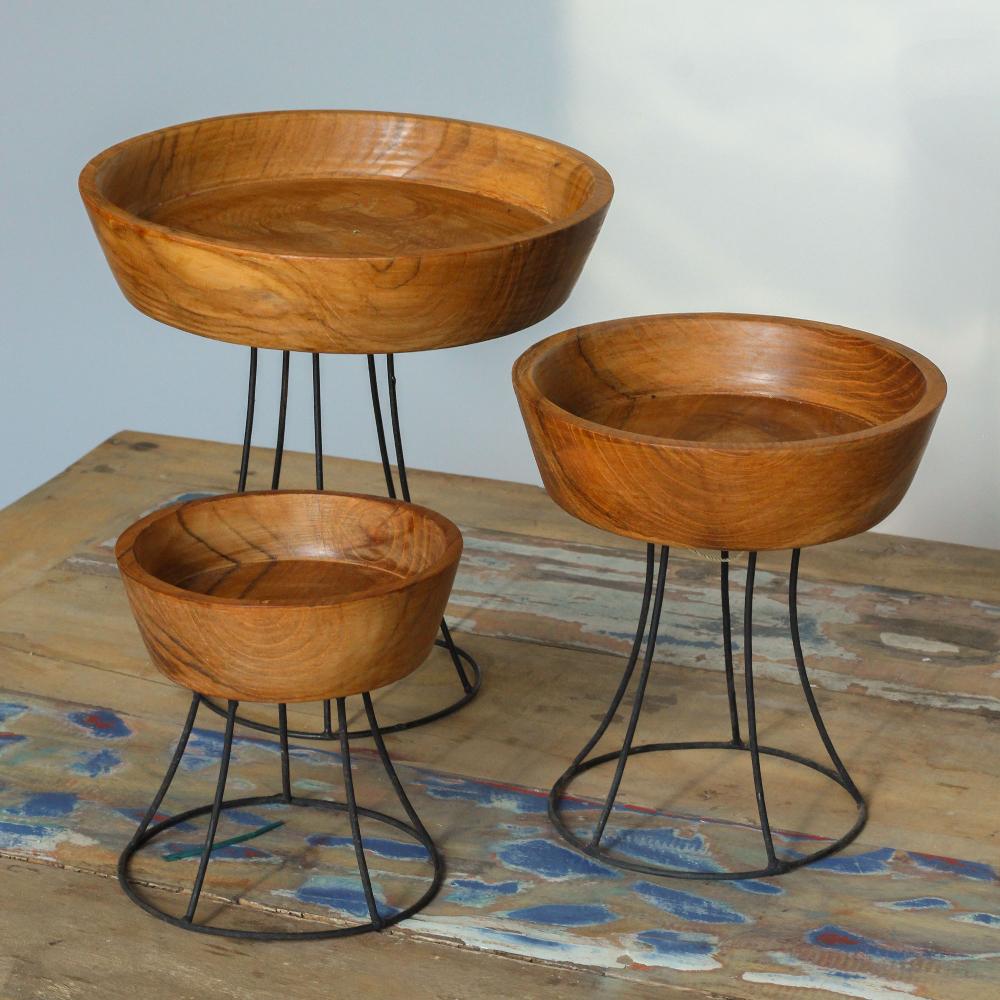 Ancient Wisdom Set Of 3 Elevated Teak Bowls