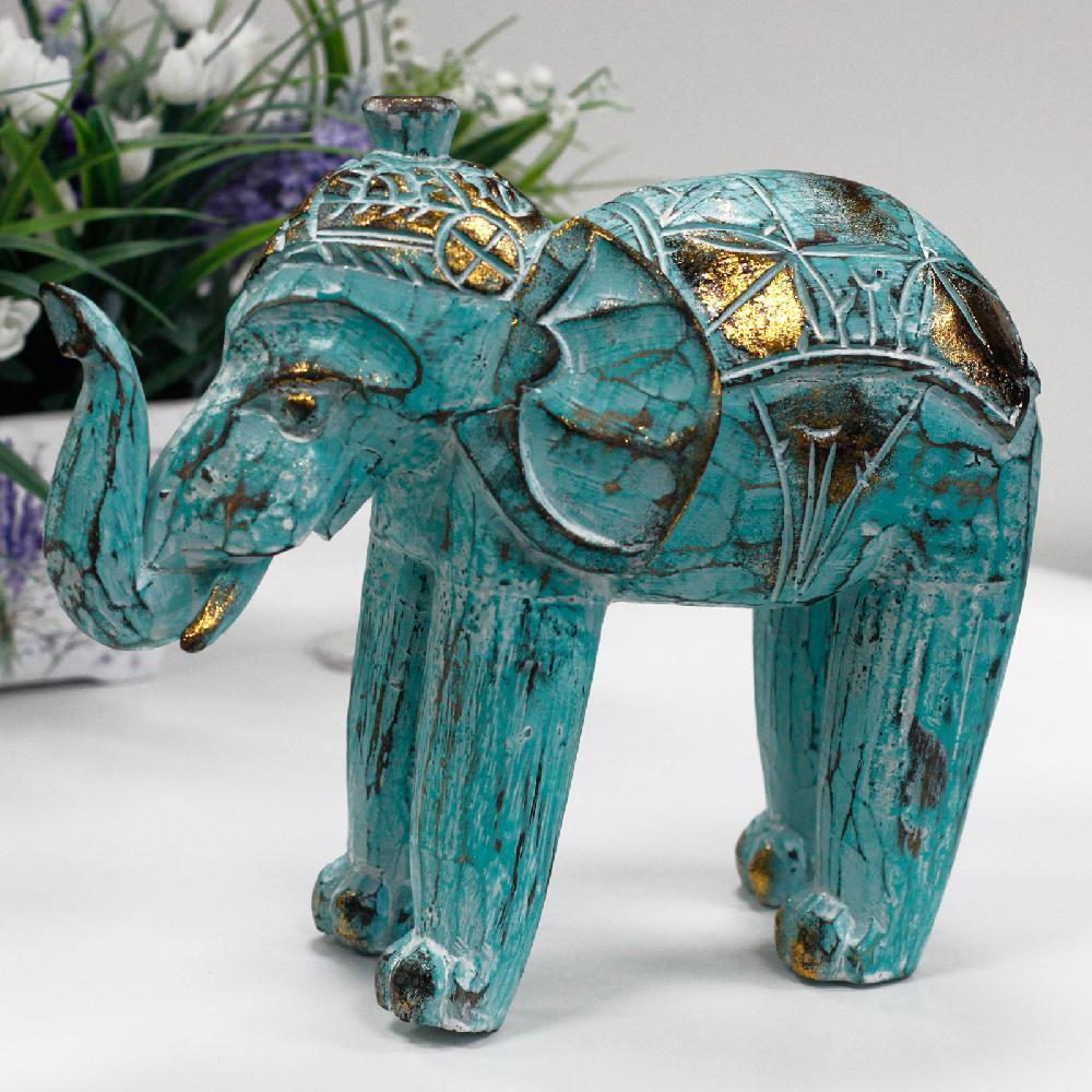 Ancient Wisdom Wood Carved Elephant - Turquois Gold