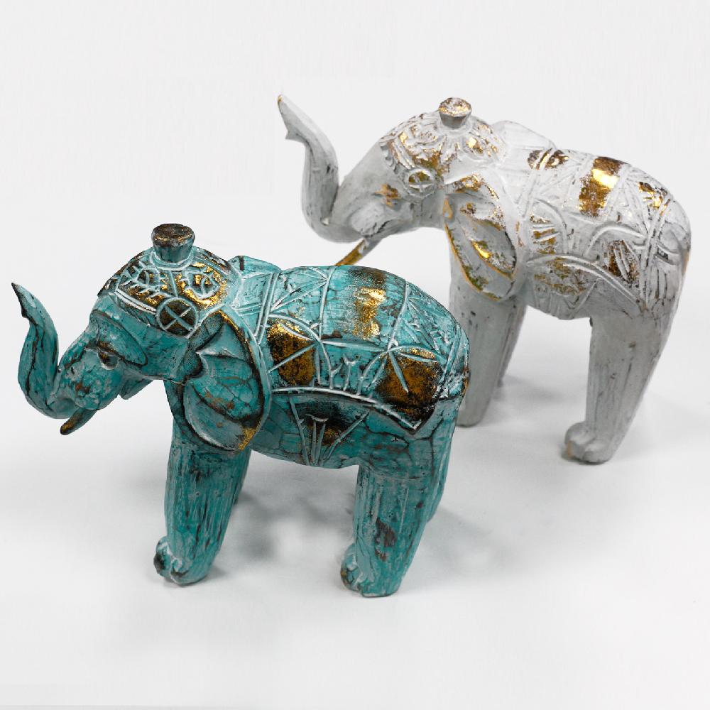 Ancient Wisdom Wood Carved Elephant - Turquois Gold