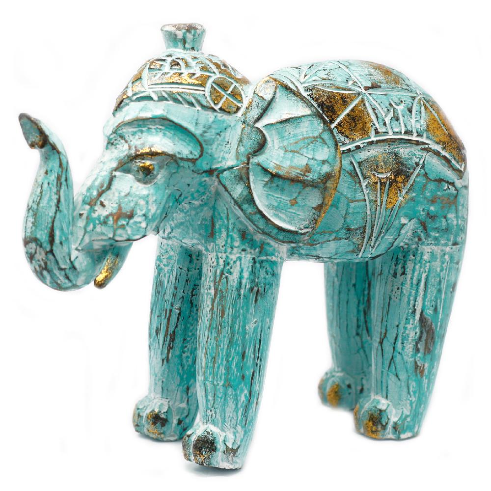 ancient wisdom Wood Carved Elephant - Turquois Gold