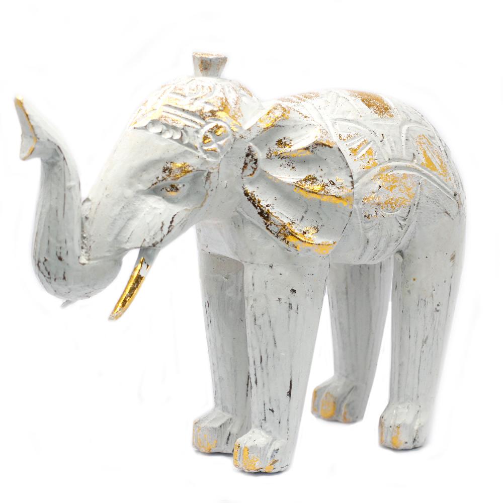 ancient wisdom Wood Carved Elephant - White Gold