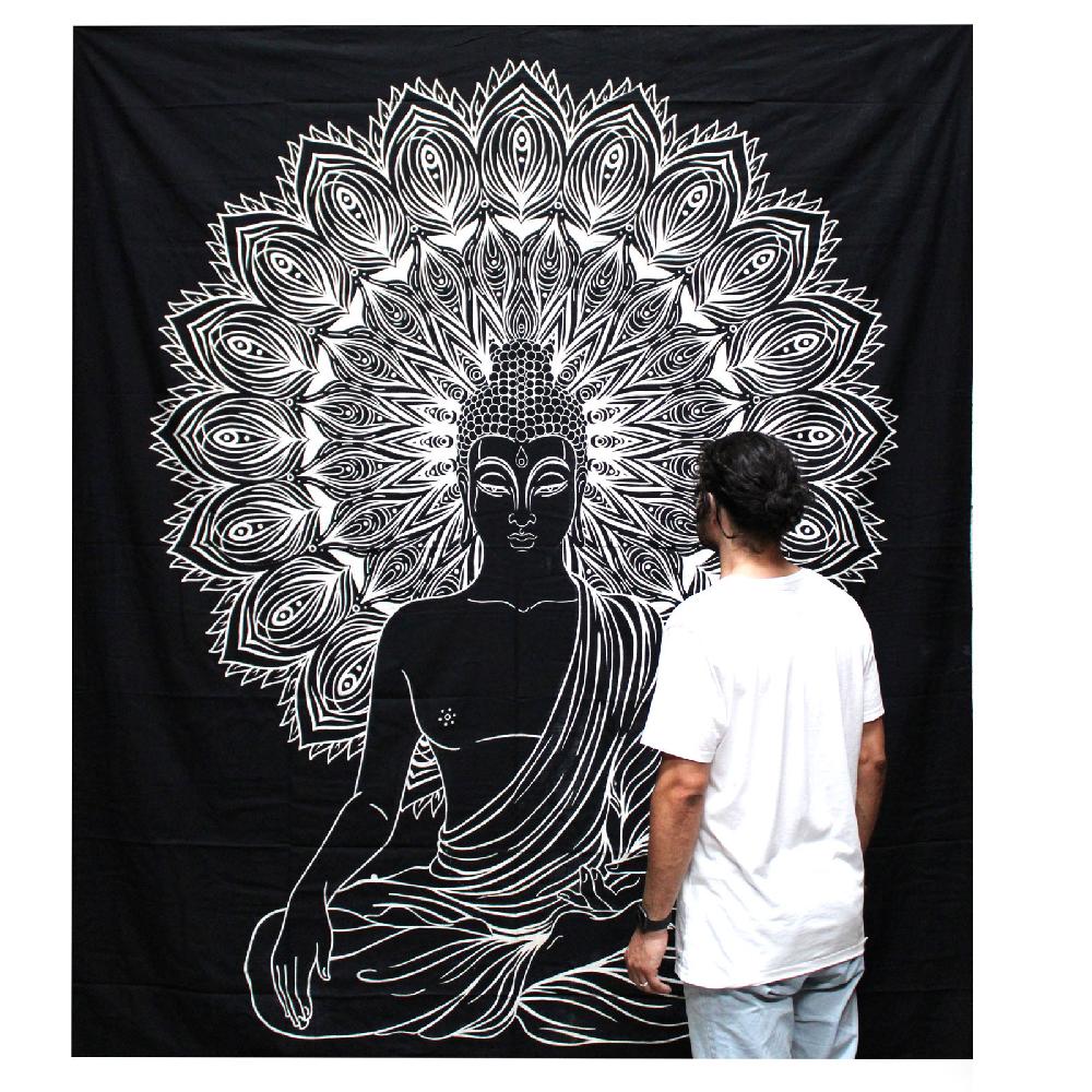 Ancient Wisdom B&W Double Cotton Bedspread + Wall Hanging - Buddha