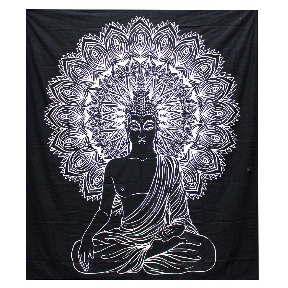 ancient wisdom B&W Double Cotton Bedspread + Wall Hanging - Buddha