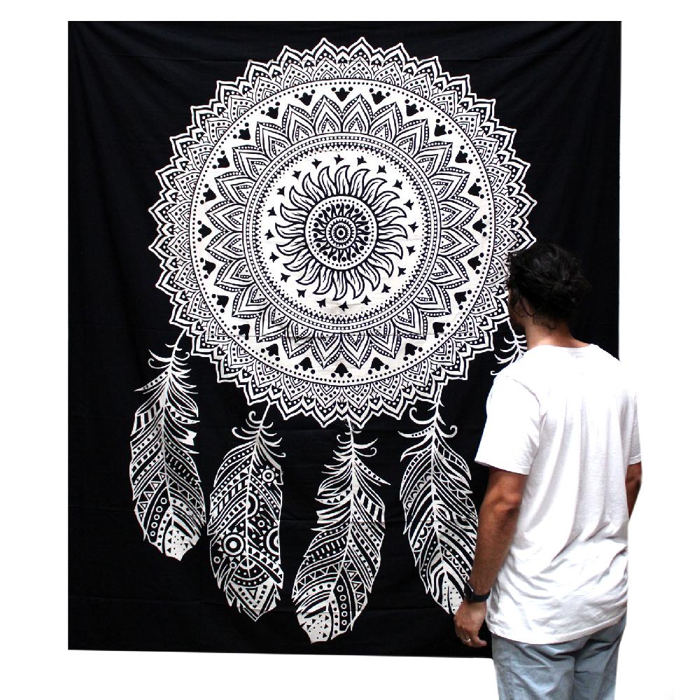 Ancient Wisdom B&W Double Cotton Bedspread + Wall Hanging - Dreamcatcher