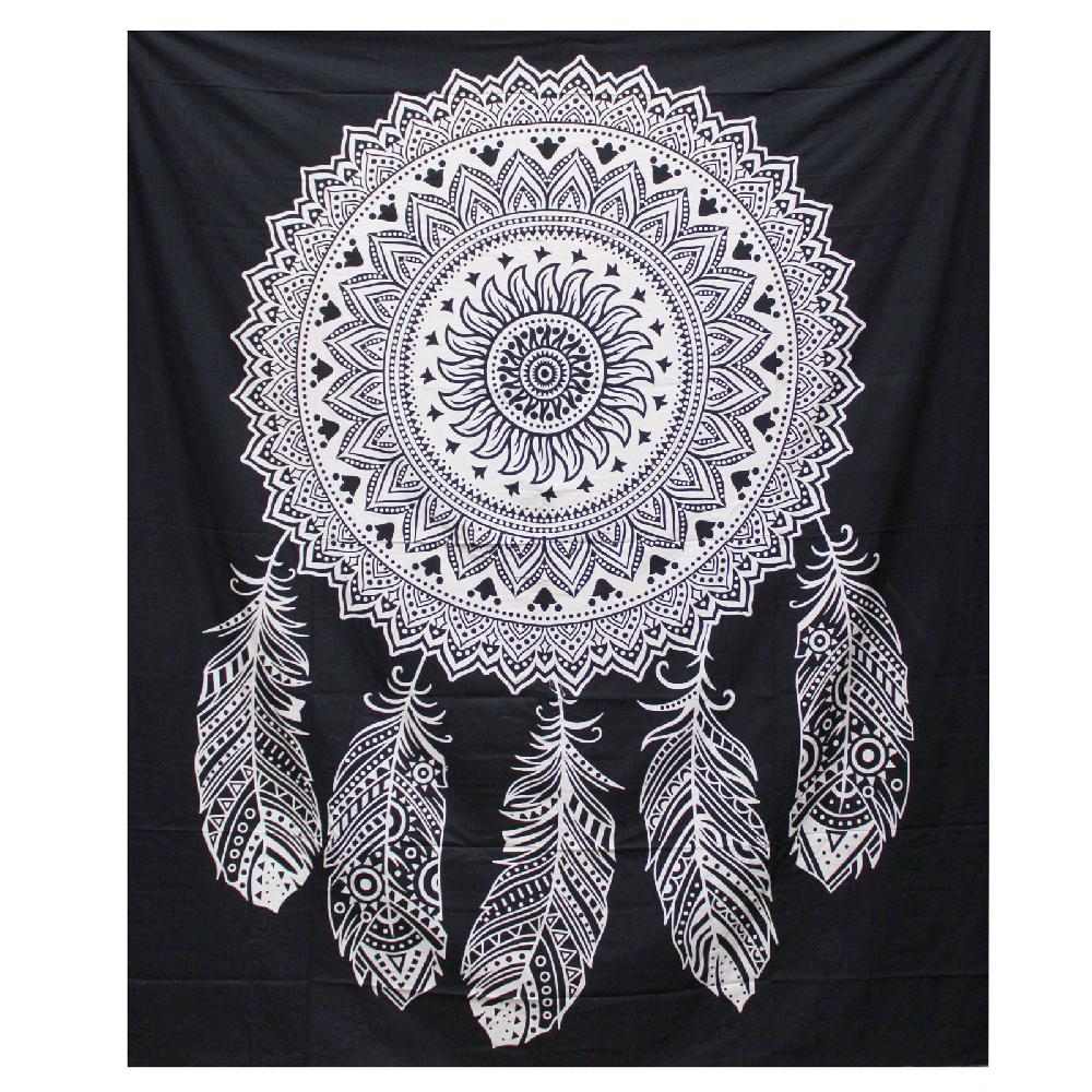 ancient wisdom B&W Double Cotton Bedspread + Wall Hanging - Dreamcatcher