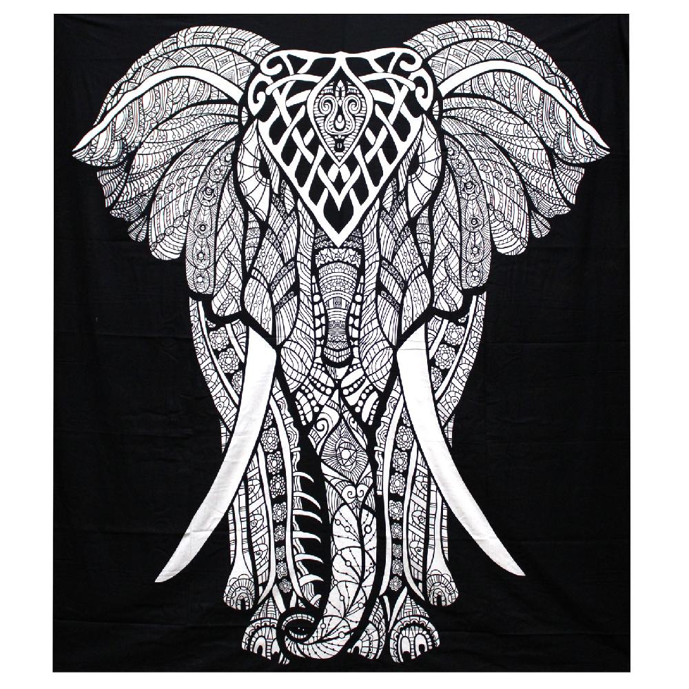 ancient wisdom B&W Double Cotton Bedspread + Wall Hanging - Elephant