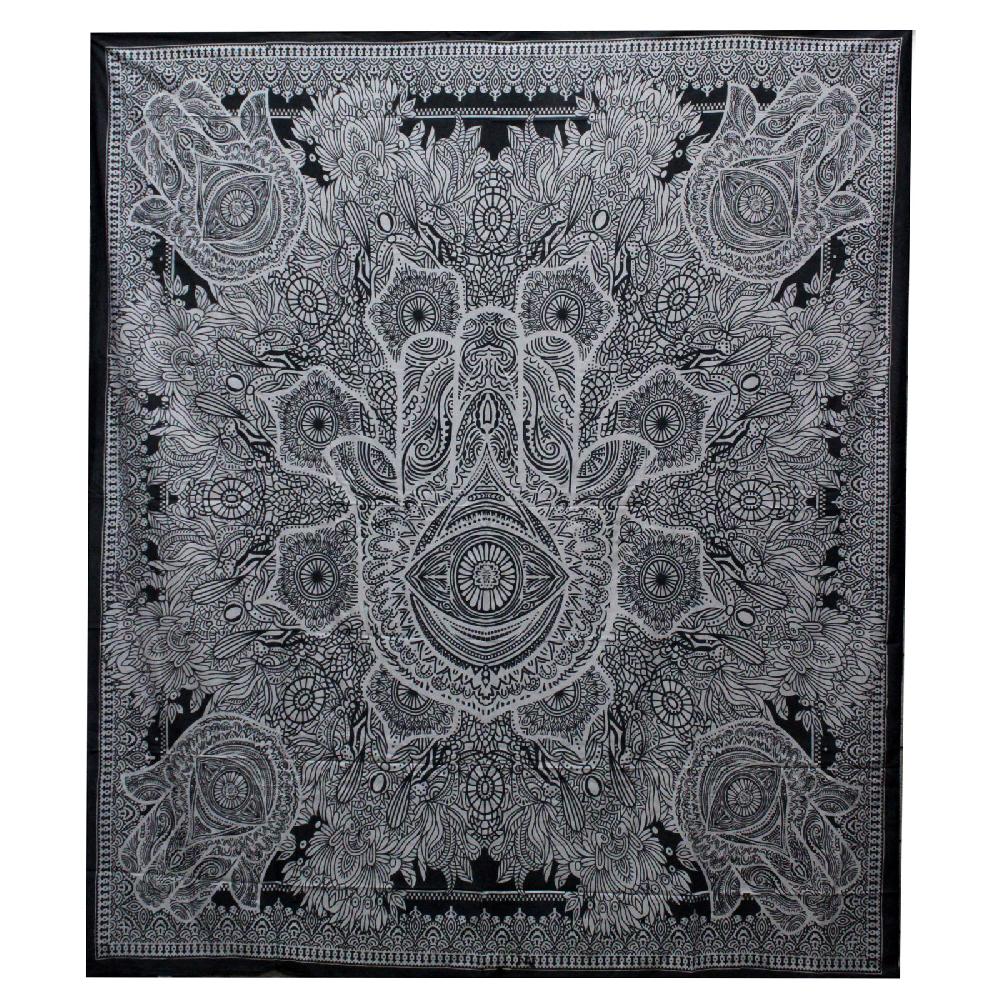 ancient wisdom B&W Double Cotton Bedspread + Wall Hanging - Hamsa