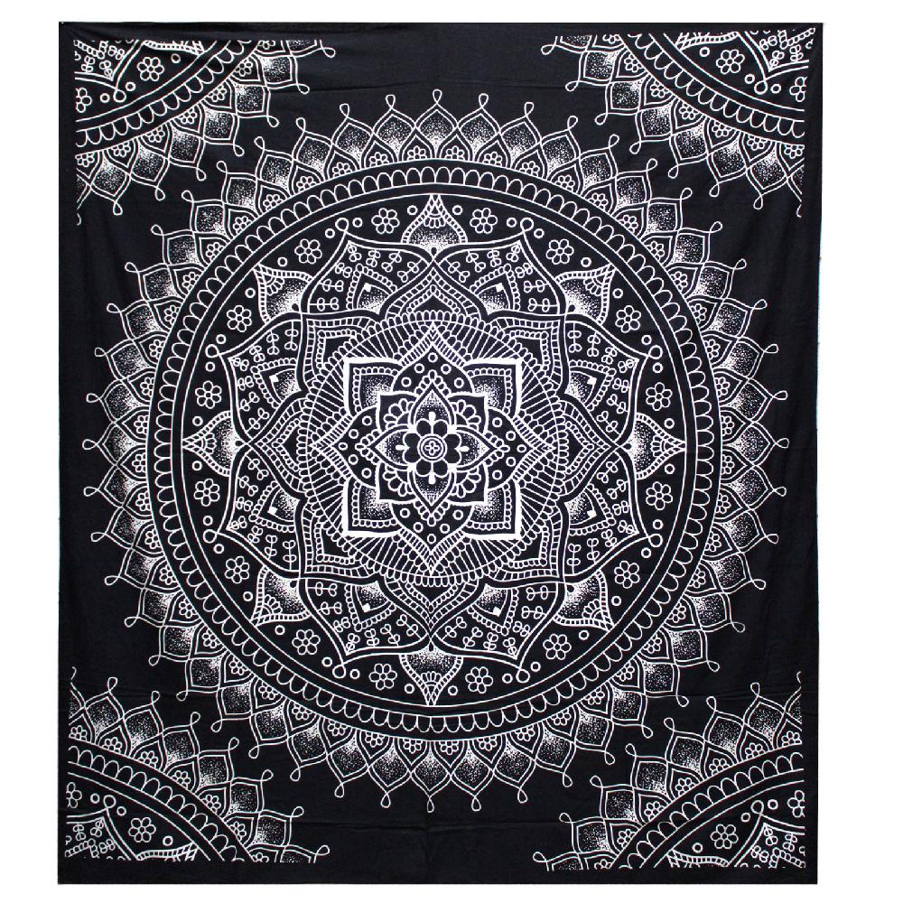 ancient wisdom B&W Double Cotton Bedspread + Wall Hanging - Lotus Flower