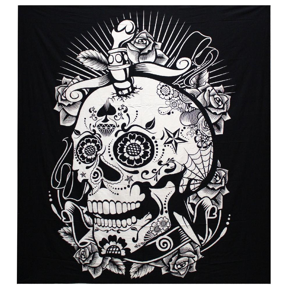 ancient wisdom B&W Double Cotton Bedspread + Wall Hanging - Rose Skull