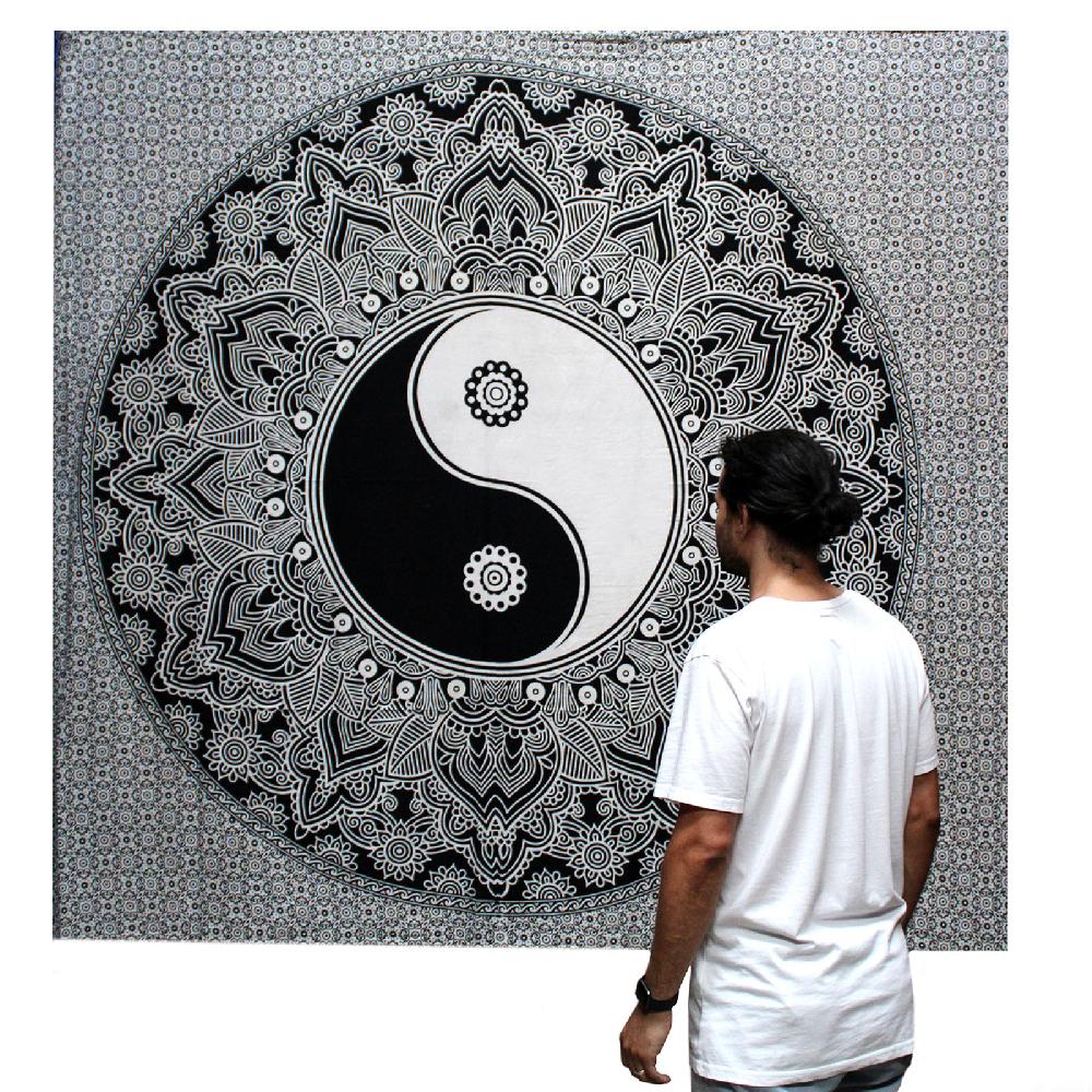 Ancient Wisdom B&W Double Cotton Bedspread + Wall Hanging - Ying Yang