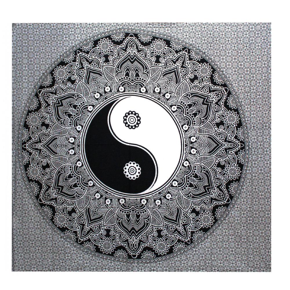 Ancient Wisdom B&W Double Cotton Bedspread + Wall Hanging - Ying Yang