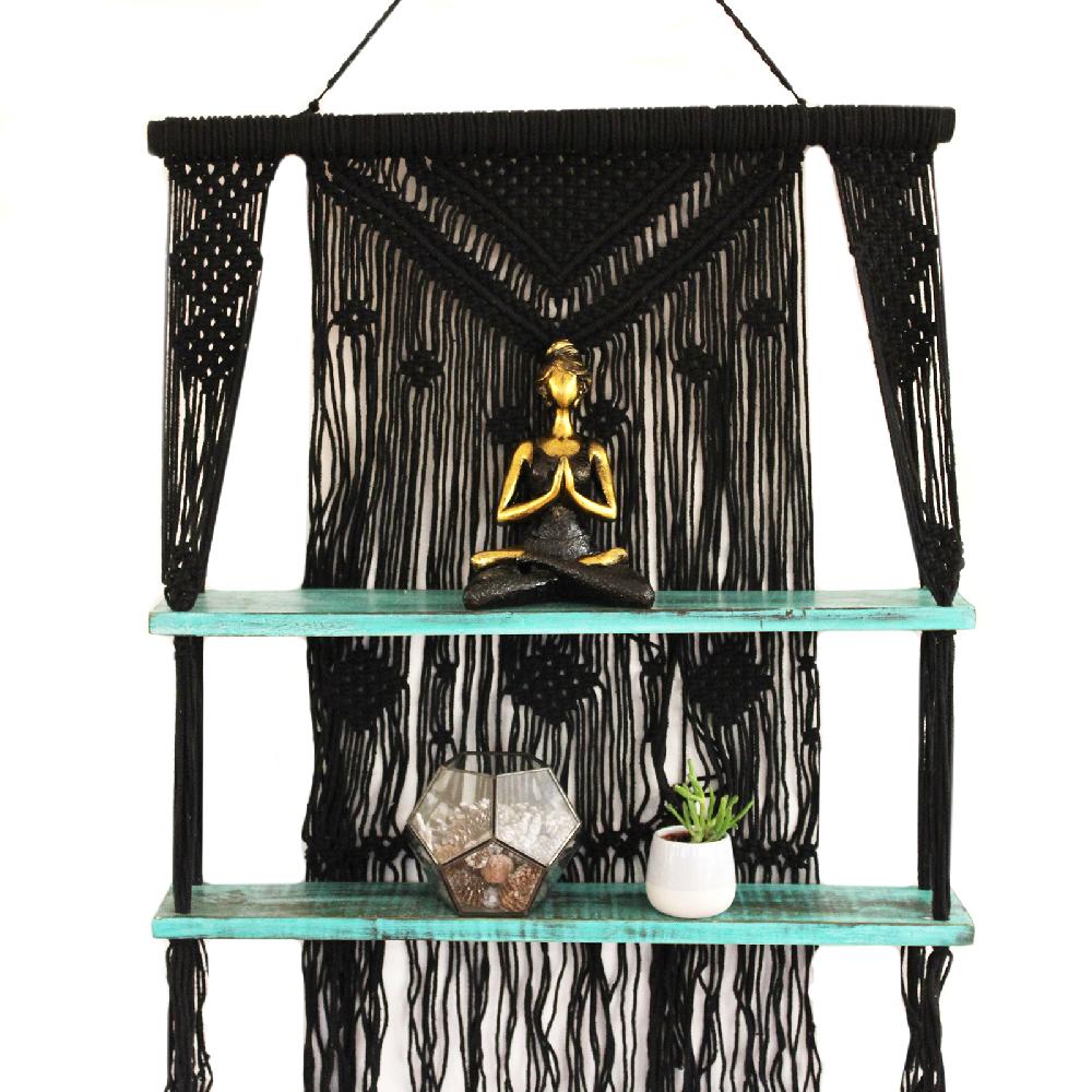 ancient wisdom Black Macrame Hanging Shelves - Turquoise