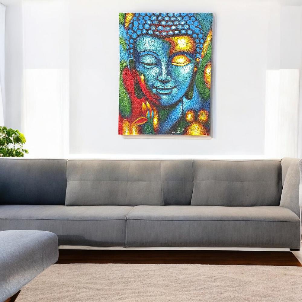 Ancient Wisdom Buddha Painting - Blue & Gold Flower 75x55cm