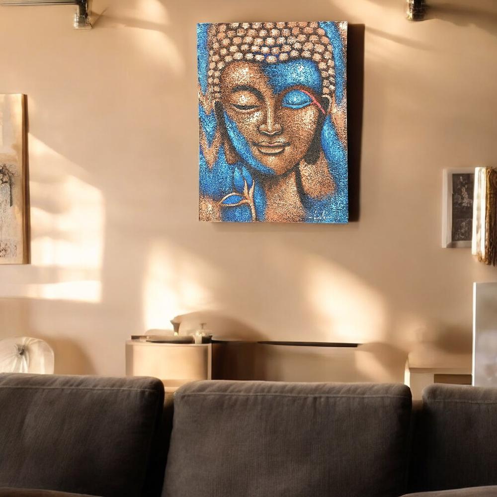 Ancient Wisdom Buddha Painting - Bronze & Blue Flower 75x55cm