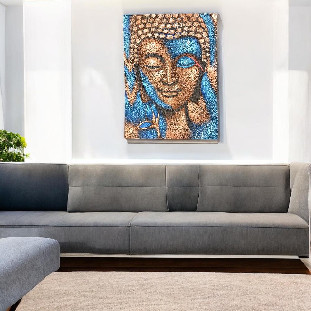 Ancient Wisdom Buddha Painting - Bronze & Blue Flower 75x55cm