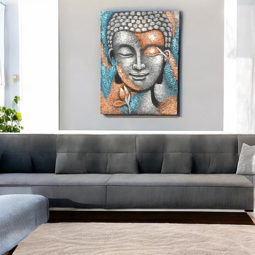 Ancient Wisdom Buddha Painting - Silver & Rose Gold Flower 75x55cm