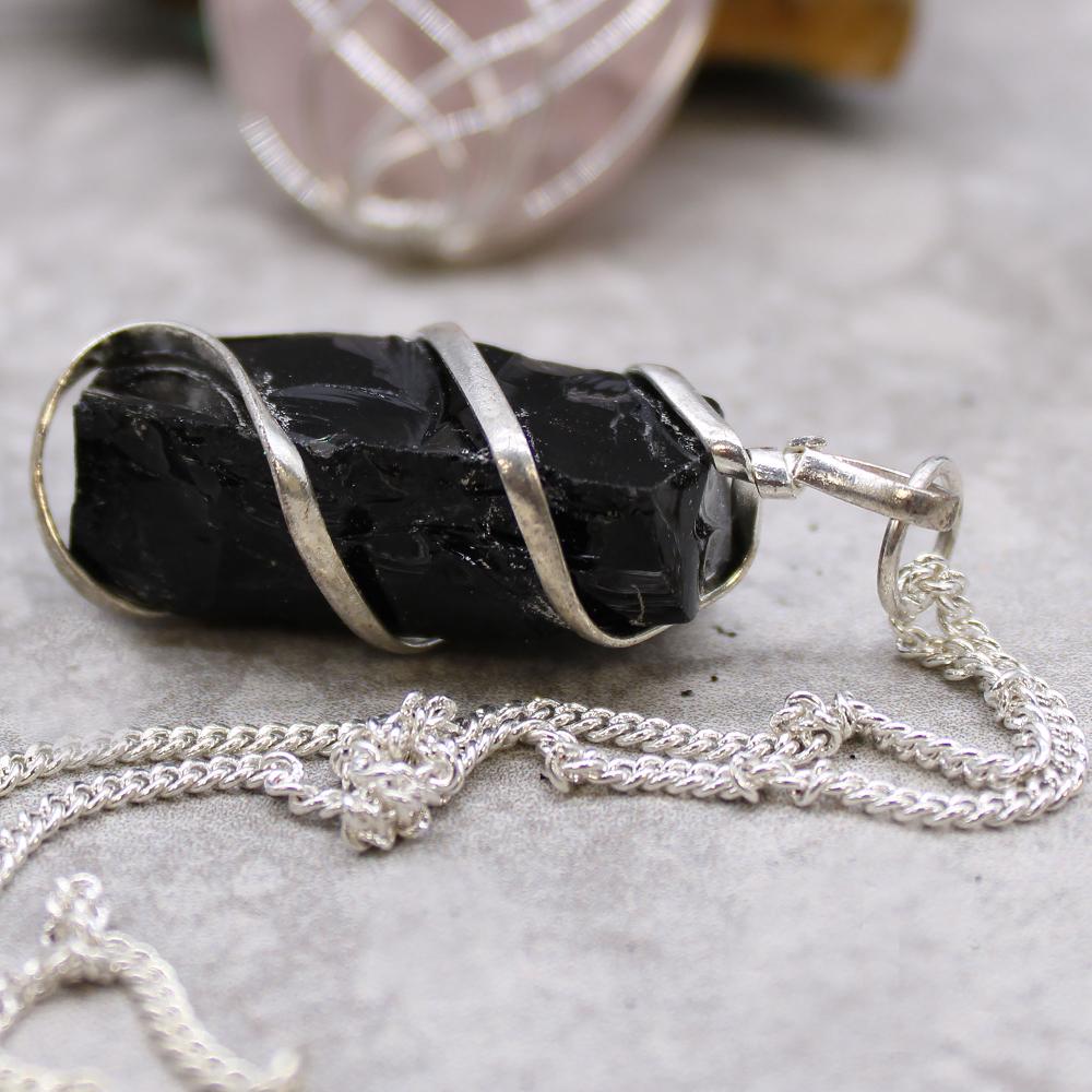 Ancient Wisdom Cascade Wrapped Gemstone Necklace - Rough Black Onyx
