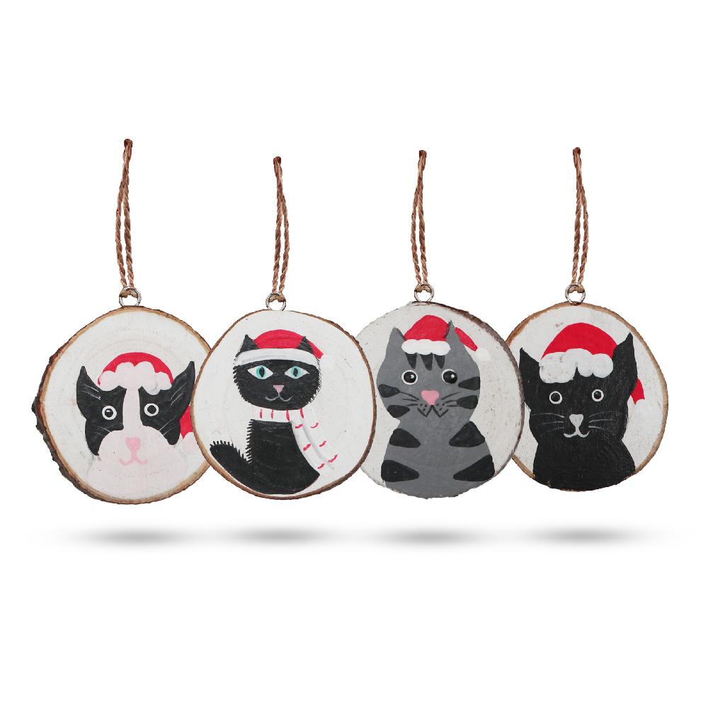 ancient wisdom Christmas Cats - Hand Painted Log Xmas Decor (set 4)