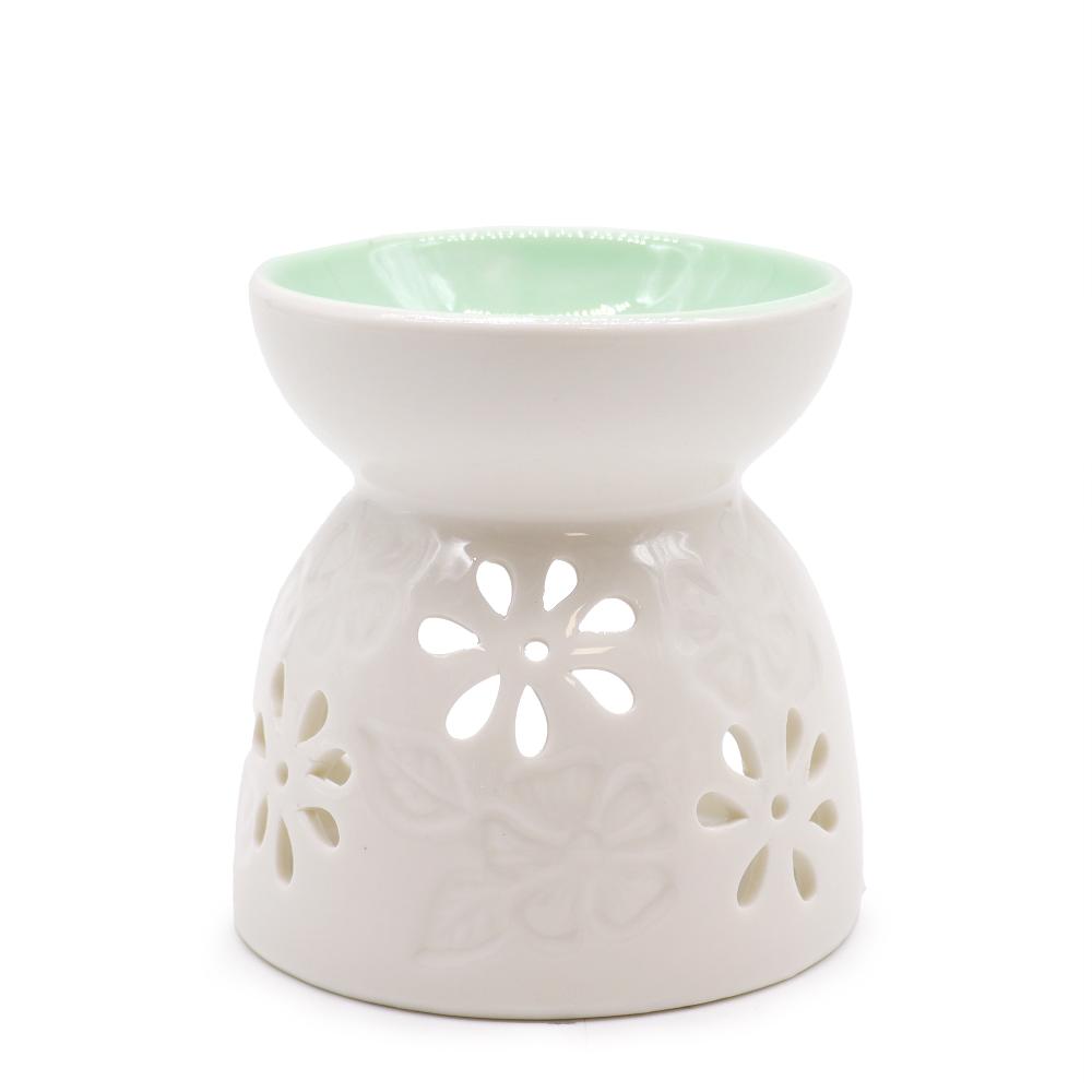 ancient wisdom Classic White Oil Burner - Floral with Teal Well