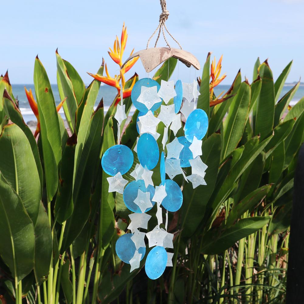 Ancient Wisdom Coconut & Capiz Windchimes - Blue And White Stars - 30cm