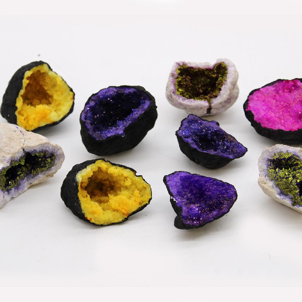 Ancient Wisdom Coloured Calcite Geode 8.5x6cm- Black Rock - Yellow