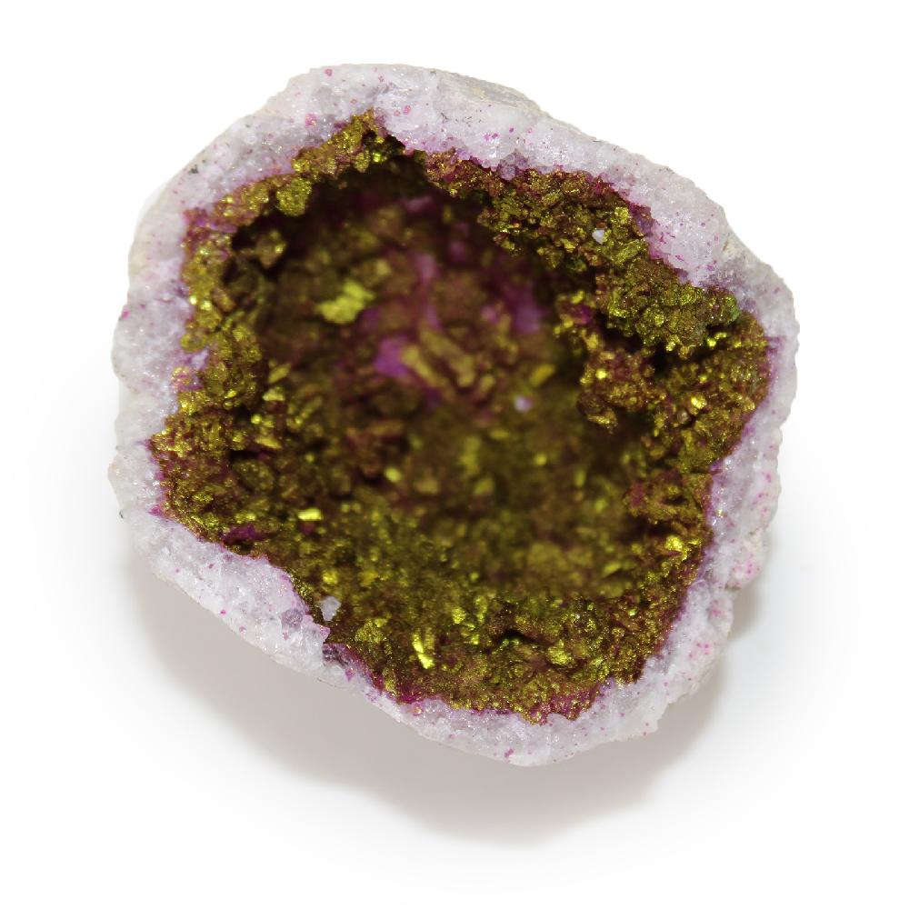Ancient Wisdom Coloured Calcite Geode 8.5x6cm- Natural Rock - Pink & Gold