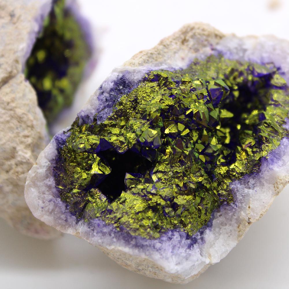 Ancient Wisdom Coloured Calcite Geode 8.5x6cm - Natural Rock - Purple & Gold