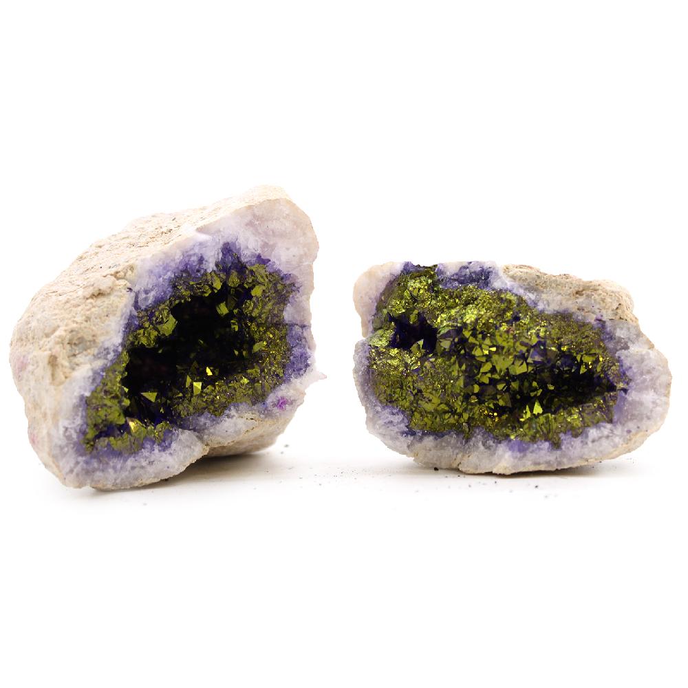 ancient wisdom Coloured Calcite Geode 8.5x6cm - Natural Rock - Purple & Gold
