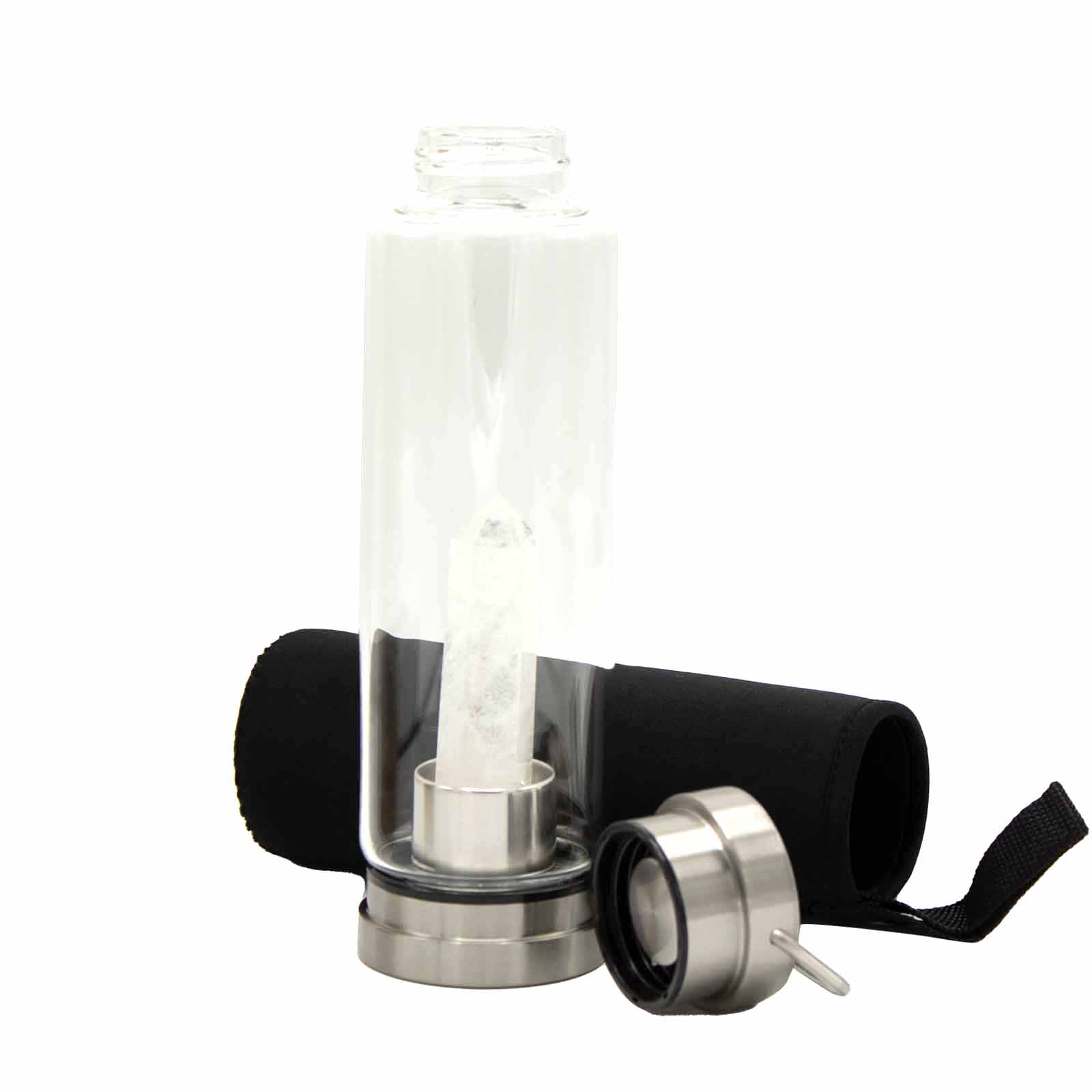 Ancient Wisdom Crystal Infused Glass Water Bottle - Cleansing Clear Quartz - Obelisk