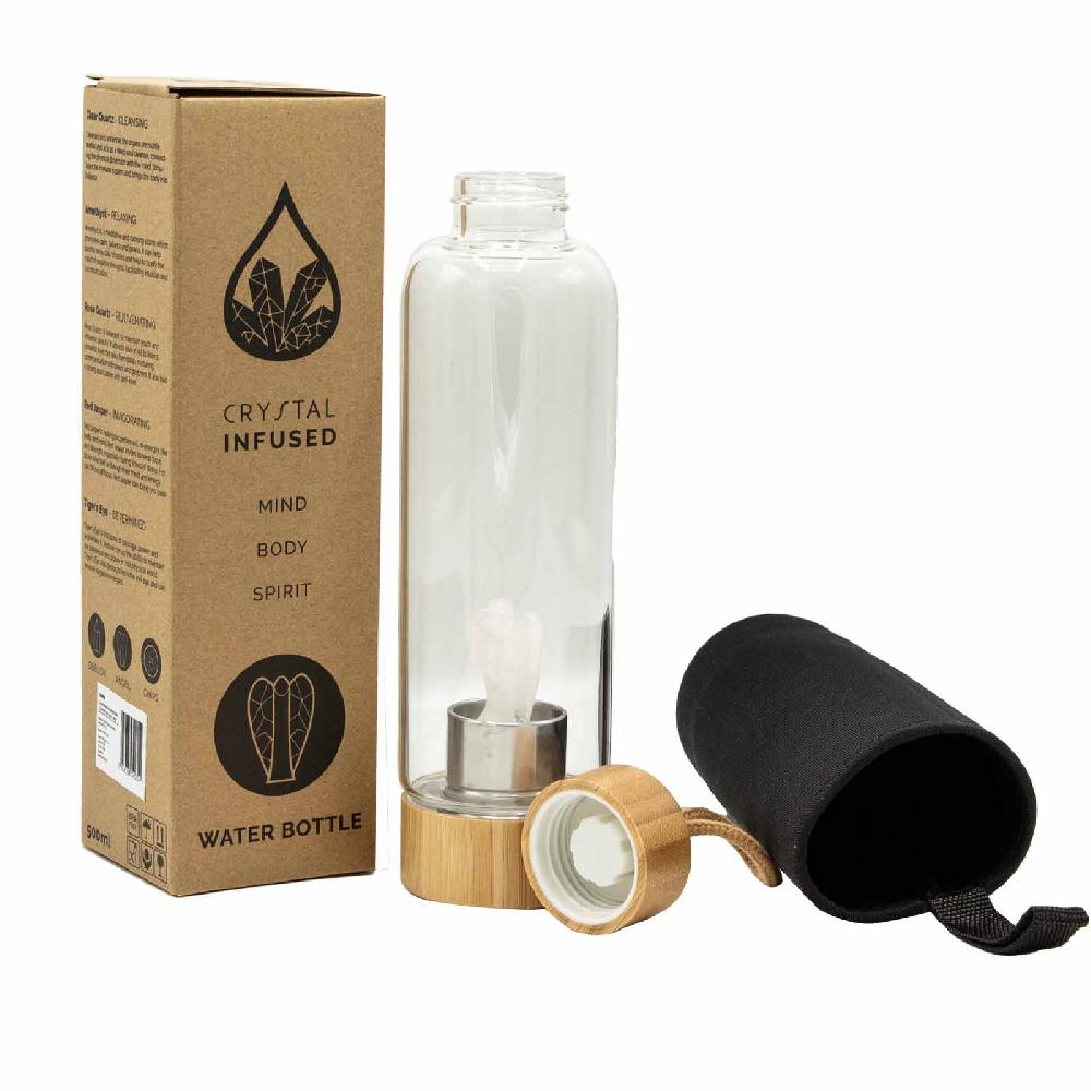 Ancient Wisdom Crystal Infused Glass Water Bottle - Cleansing Clear Quartz - Angel