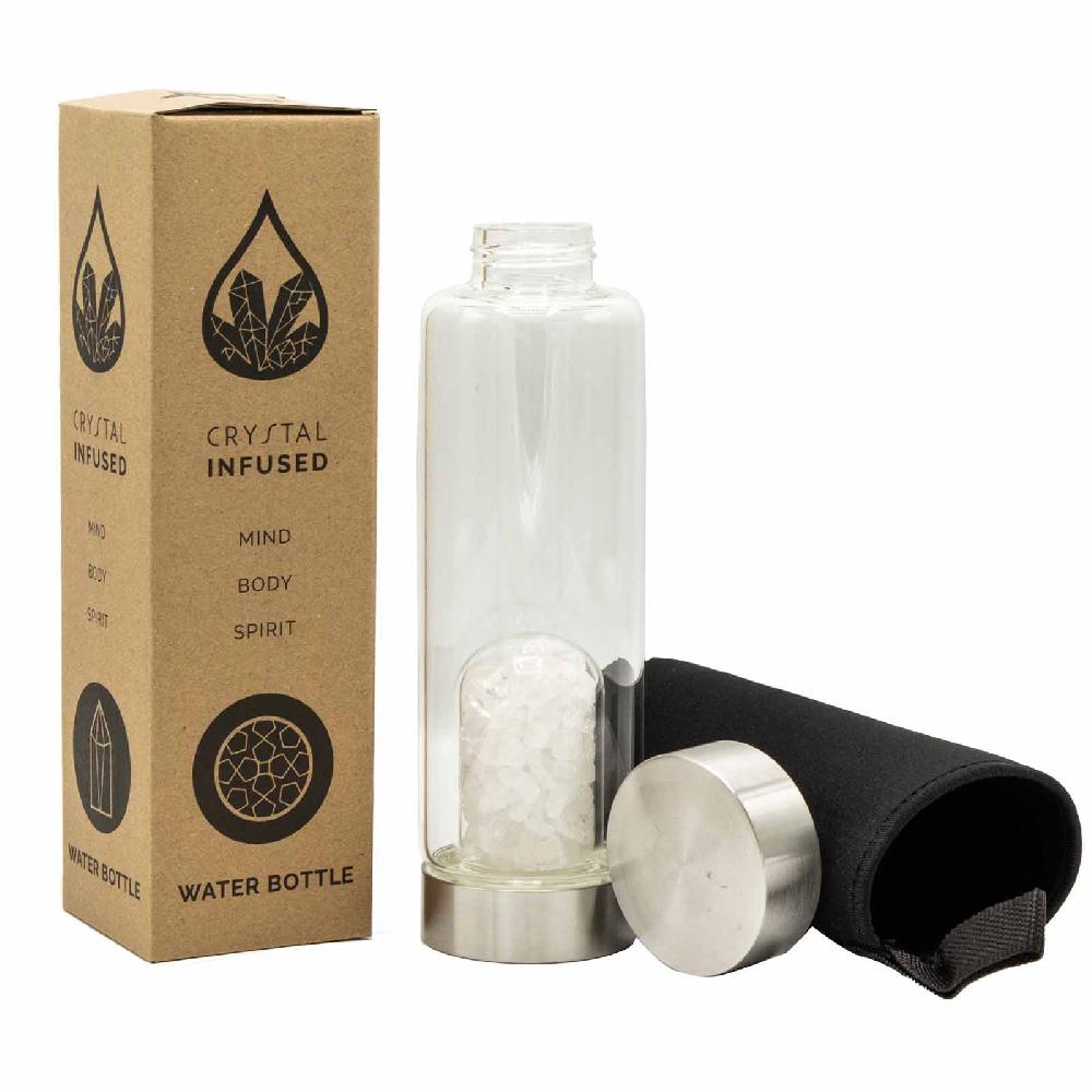 Ancient Wisdom Crystal Infused Glass Water Bottle - Cleansing Clear Quartz - Chips