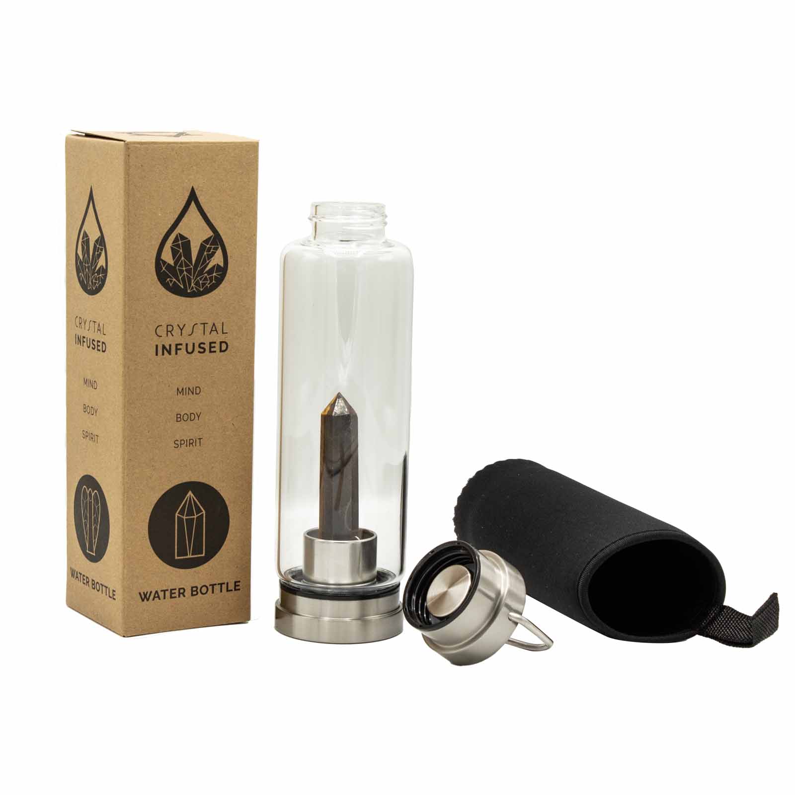 Ancient Wisdom Crystal Infused Glass Water Bottle - Determined Tiger's Eye - Obelisk